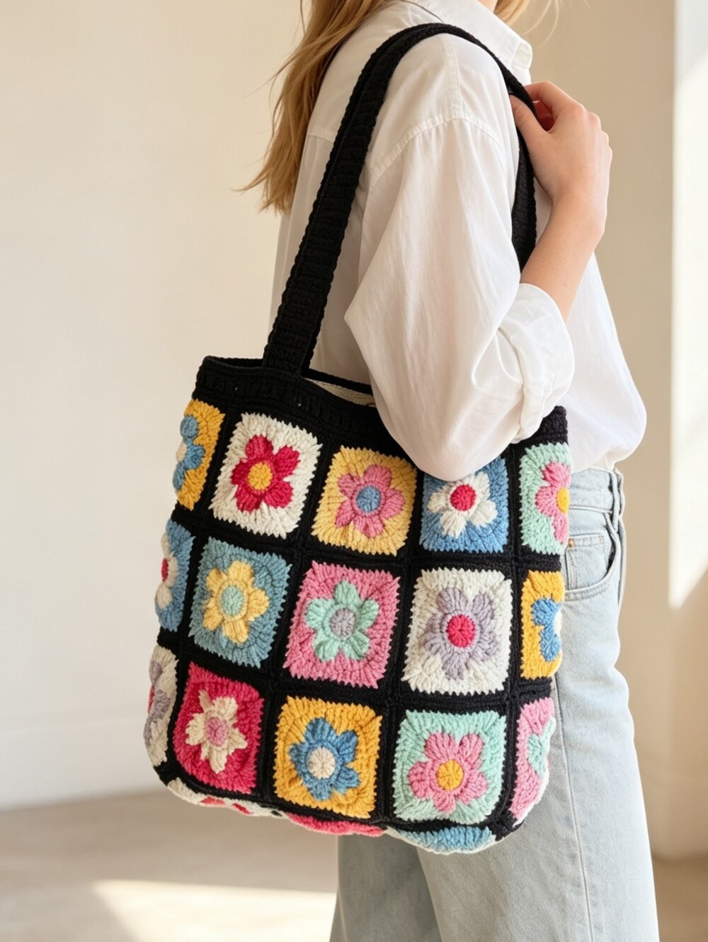 Handmade Black Crochet Floral Tote Bag - Multicolor Flowers